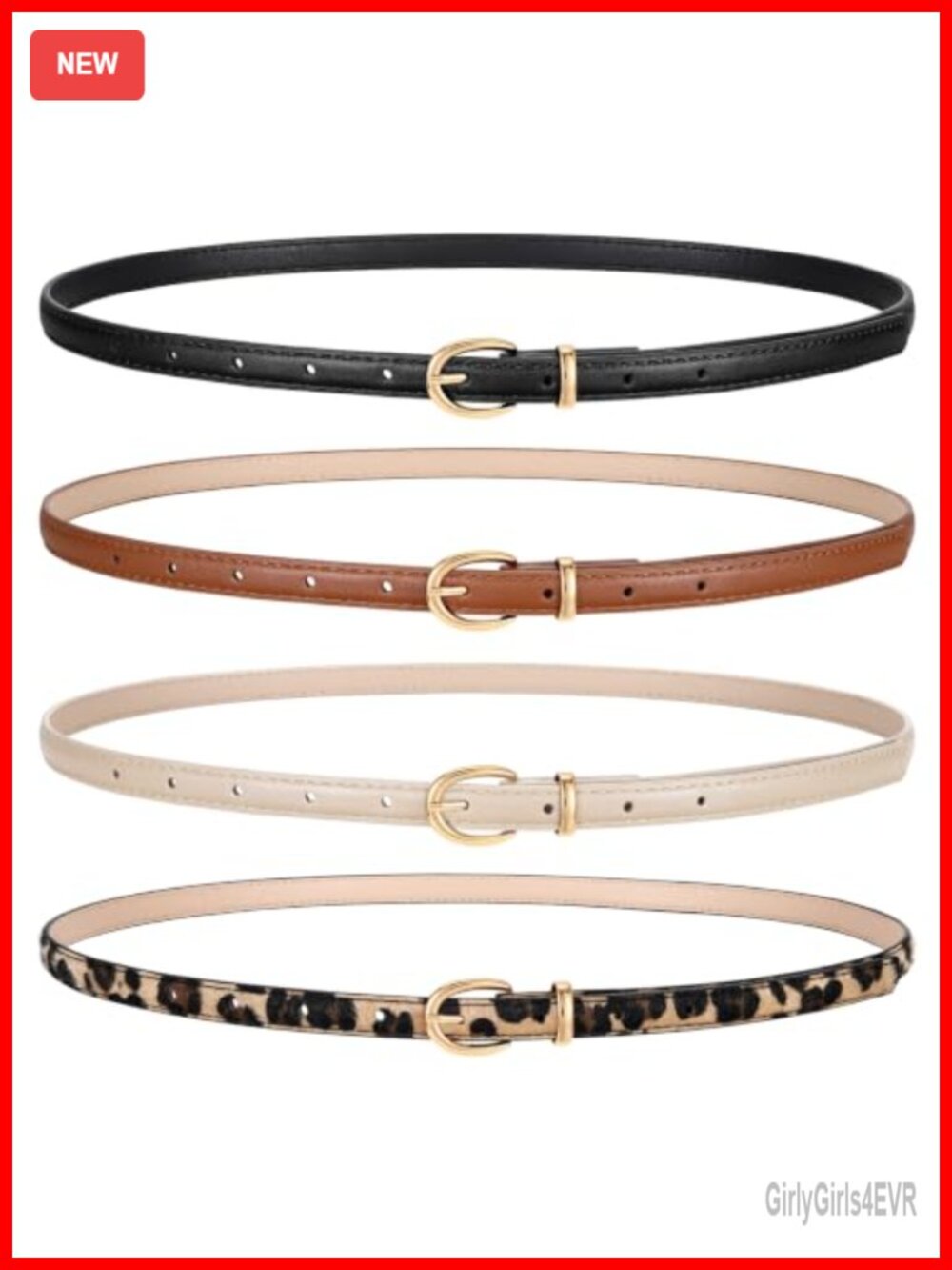 4 Pack Women Skinny Belts Faux Leather Gold Buckle Slim Waist Accessory